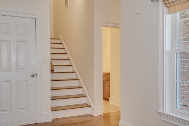 stairway with wood-type flooring