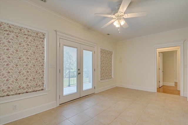 doorway to outside with ceiling fan, plenty of natural light, ornamental molding, and french doors