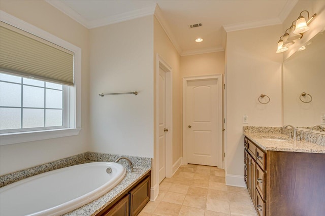 bathroom featuring a tub to relax in, tile patterned flooring, vanity, and ornamental molding