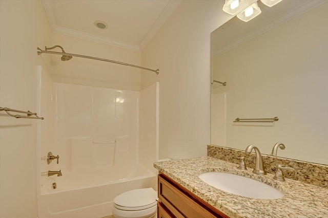 full bathroom featuring bathing tub / shower combination, crown molding, vanity, and toilet