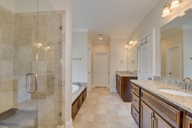 bathroom with tile patterned floors, vanity, separate shower and tub, and crown molding