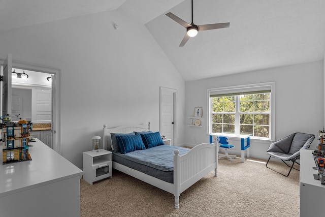 bedroom featuring high vaulted ceiling, ceiling fan, and carpet