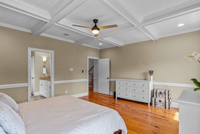 bedroom featuring coffered ceiling, ceiling fan, and beamed ceiling