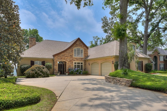 view of front of property with concrete driveway, a chimney, a garage, stone siding, and stucco siding