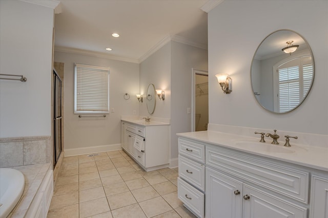bathroom featuring ornamental molding, a stall shower, tile patterned floors, two vanities, and a bath