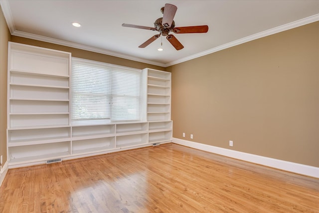 empty room with light wood-style flooring, crown molding, baseboards, ceiling fan, and recessed lighting