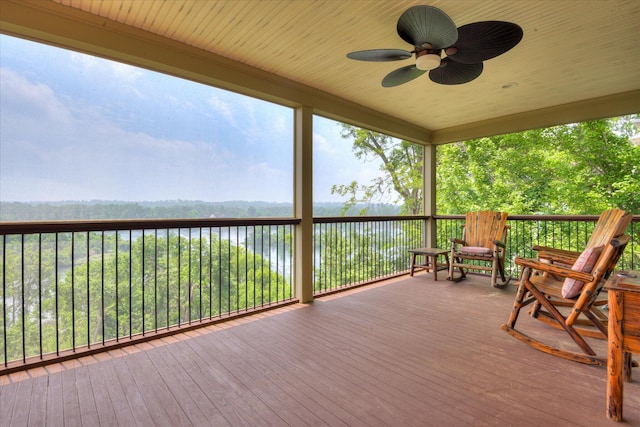 deck featuring a water view and a ceiling fan