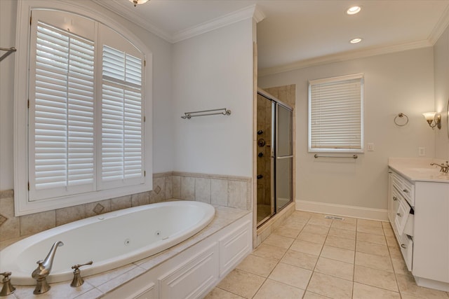 full bathroom with a shower stall, vanity, a garden tub, tile patterned flooring, and crown molding