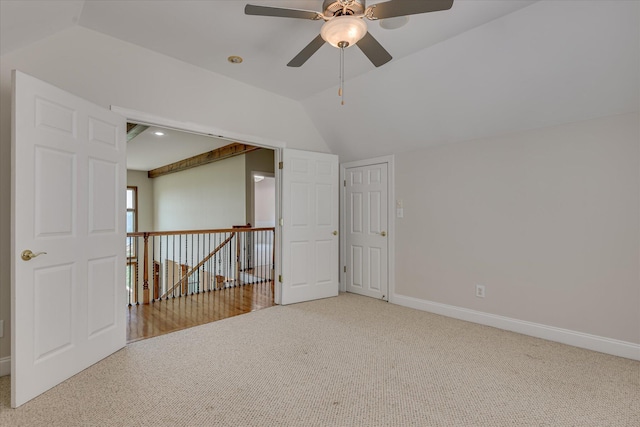 unfurnished room with carpet flooring, a ceiling fan, baseboards, lofted ceiling, and recessed lighting
