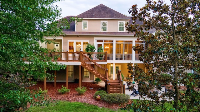 3820 Blue Springs Trce, Evans, GA 30809 - back of property with stairs, a deck, a patio area, a sunroom, and roof with shingles