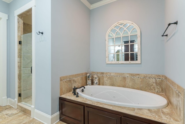 3820 Blue Springs Trce, Evans, GA 30809 - bathroom featuring a shower stall, a jetted tub, crown molding, and baseboards