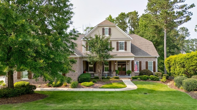 3820 Blue Springs Trce, Evans, GA 30809 - craftsman house with covered porch, brick siding, a front yard, and roof with shingles