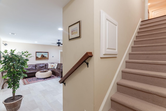 3820 Blue Springs Trce, Evans, GA 30809 - stairway with a ceiling fan, recessed lighting, and tile patterned floors