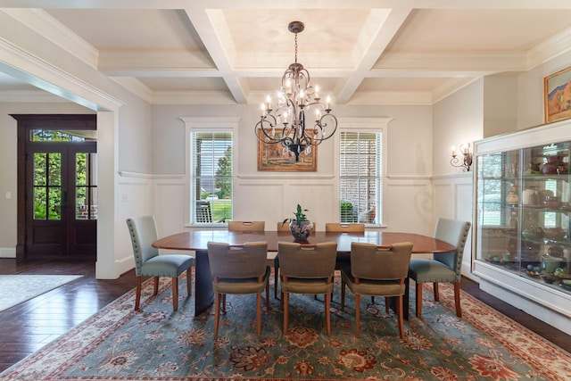 3820 Blue Springs Trce, Evans, GA 30809 - dining area with a chandelier, coffered ceiling, beam ceiling, a decorative wall, and hardwood / wood-style floors