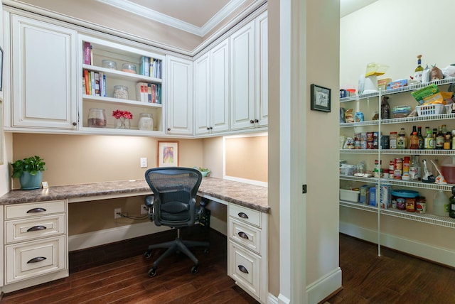 3820 Blue Springs Trce, Evans, GA 30809 - office space with built in desk, ornamental molding, dark wood-type flooring, and baseboards