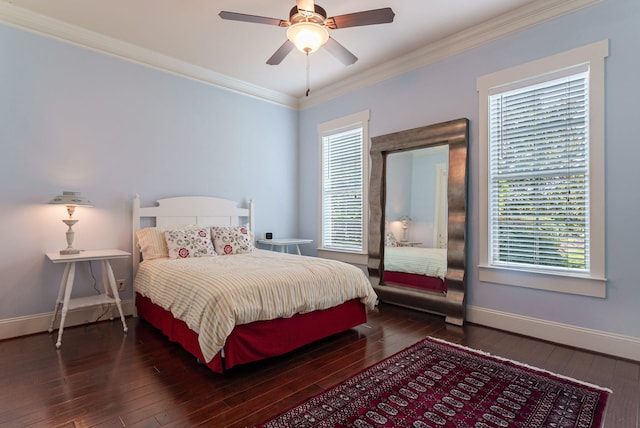 3820 Blue Springs Trce, Evans, GA 30809 - bedroom with baseboards, crown molding, dark wood finished floors, multiple windows, and a ceiling fan