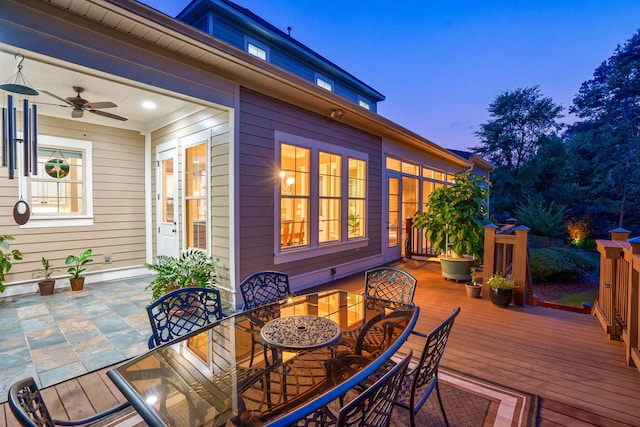 3820 Blue Springs Trce, Evans, GA 30809 - wooden terrace featuring outdoor dining space, a ceiling fan, and a patio area