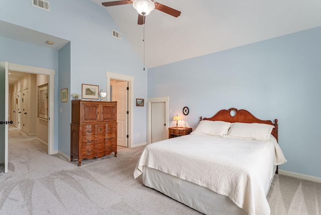 3820 Blue Springs Trce, Evans, GA 30809 - bedroom featuring high vaulted ceiling, baseboards, light colored carpet, and ceiling fan