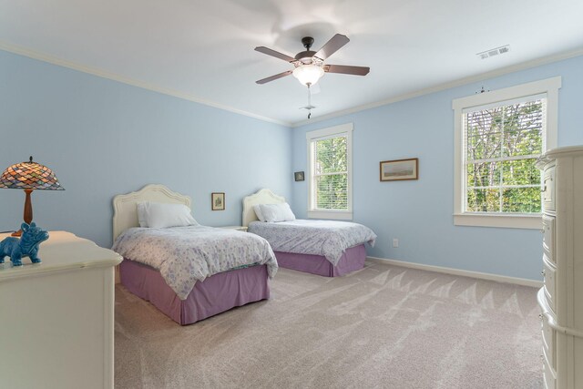 3820 Blue Springs Trce, Evans, GA 30809 - bedroom with light colored carpet, ornamental molding, baseboards, and a ceiling fan