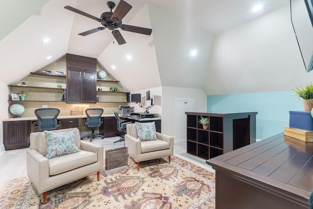 3820 Blue Springs Trce, Evans, GA 30809 - living area with vaulted ceiling, a ceiling fan, and recessed lighting