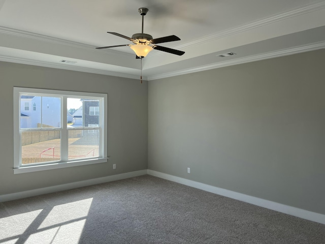 spare room featuring carpet, a raised ceiling, ceiling fan, and crown molding