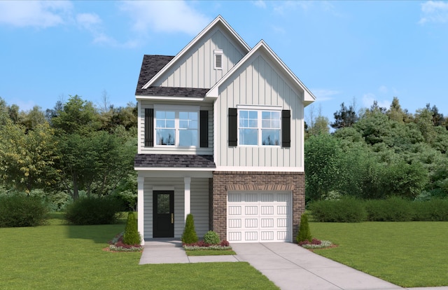 view of front of property featuring a front yard and a garage