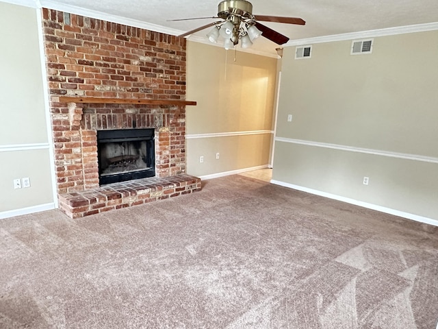 2102 Howard Mill Rd, North Augusta, SC 29841 - unfurnished living room featuring ceiling fan, ornamental molding, carpet, and a brick fireplace