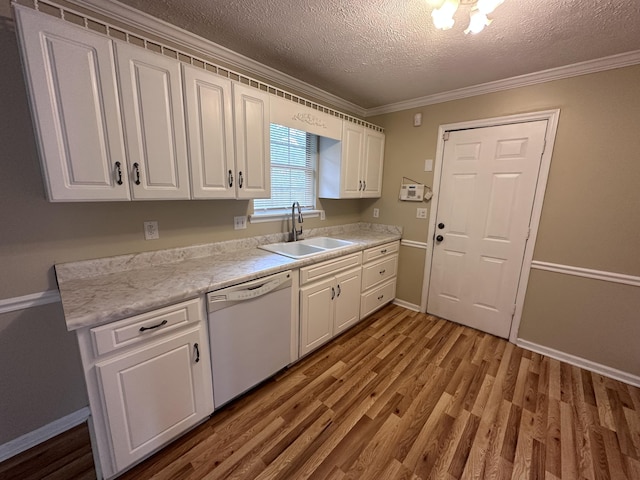 2102 Howard Mill Rd, North Augusta, SC 29841 - kitchen featuring white dishwasher, white cabinetry, a textured ceiling, wood finished floors, and crown molding