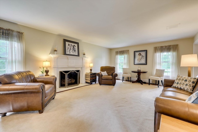 711 Augusta St, Mccormick, SC 29835 - living room featuring a fireplace with raised hearth and carpet