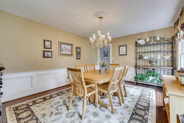 711 Augusta St, Mccormick, SC 29835 - dining space featuring wood finished floors, a chandelier, and a wainscoted wall