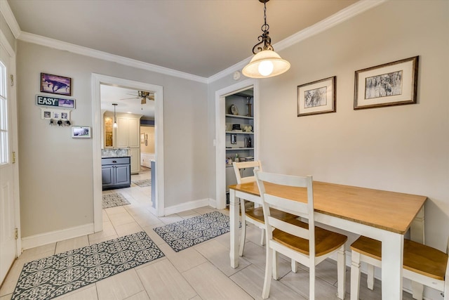 711 Augusta St, Mccormick, SC 29835 - dining space featuring ornamental molding, baseboards, a ceiling fan, and light tile patterned floors