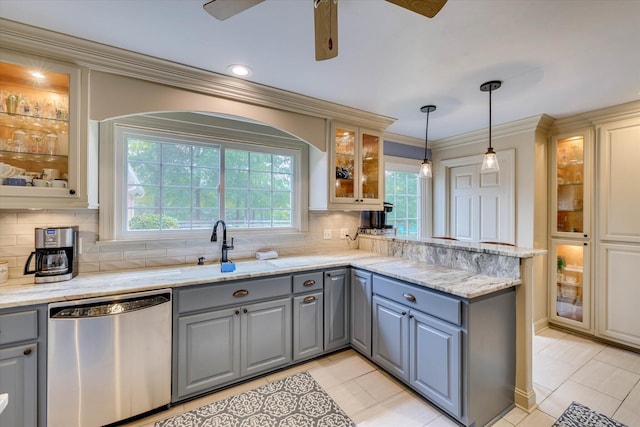 711 Augusta St, Mccormick, SC 29835 - kitchen with dishwasher, gray cabinetry, a peninsula, decorative backsplash, and light tile patterned flooring