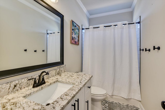 full bath with ornamental molding, shower / bath combo, vanity, and toilet