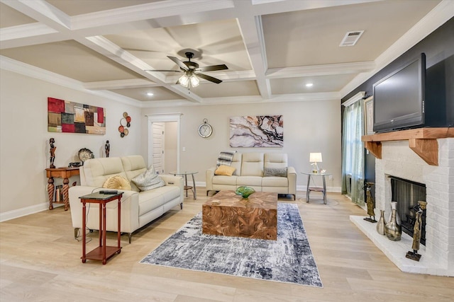 living room with light wood-type flooring, baseboards, visible vents, and coffered ceiling