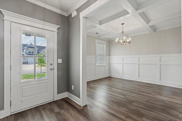 2318 Laurens St, Grovetown, GA 30813 - entryway featuring a chandelier, coffered ceiling, dark wood-type flooring, beam ceiling, and a decorative wall