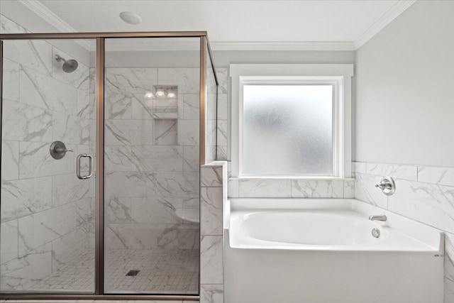 2318 Laurens St, Grovetown, GA 30813 - bathroom with crown molding, a bath, and a stall shower
