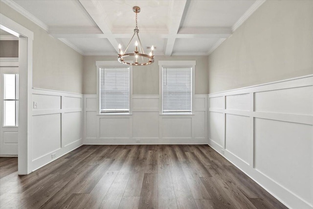 2318 Laurens St, Grovetown, GA 30813 - unfurnished dining area featuring a chandelier, dark wood-style flooring, a decorative wall, beamed ceiling, and coffered ceiling