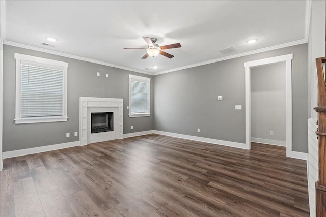 2318 Laurens St, Grovetown, GA 30813 - unfurnished living room featuring a ceiling fan, dark wood-type flooring, baseboards, crown molding, and recessed lighting