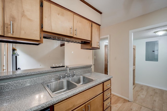 20 Teal Ct, North Augusta, SC 29841 - kitchen with light wood-style floors, baseboards, light countertops, electric panel, and a sink