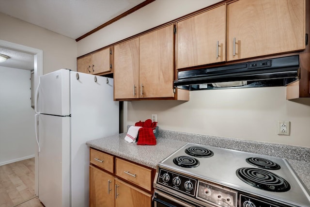 20 Teal Ct, North Augusta, SC 29841 - kitchen featuring electric range oven, light wood-type flooring, light countertops, freestanding refrigerator, and under cabinet range hood
