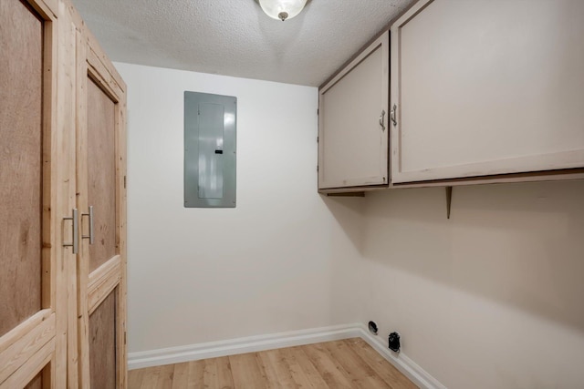 20 Teal Ct, North Augusta, SC 29841 - laundry area featuring baseboards, a textured ceiling, electric panel, cabinet space, and light wood finished floors