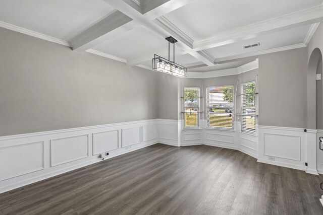 4938 Coal Creek Dr, Graniteville, SC 29829 - empty room featuring beam ceiling, arched walkways, dark wood finished floors, wainscoting, and coffered ceiling