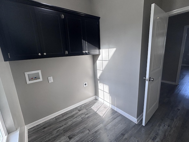 laundry area featuring baseboards, hookup for a washing machine, wood finished floors, cabinet space, and electric dryer hookup