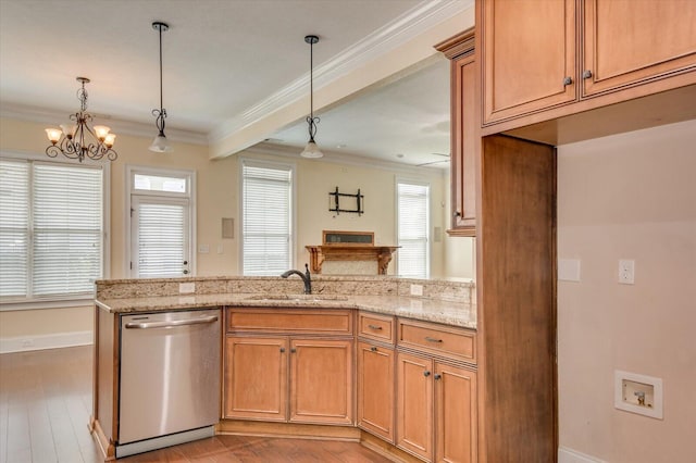 kitchen featuring light stone countertops, stainless steel dishwasher, ornamental molding, sink, and an inviting chandelier