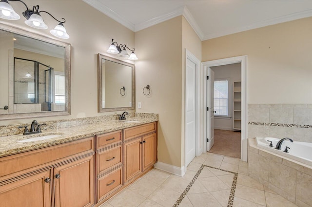 bathroom featuring tile patterned flooring, shower with separate bathtub, vanity, and ornamental molding