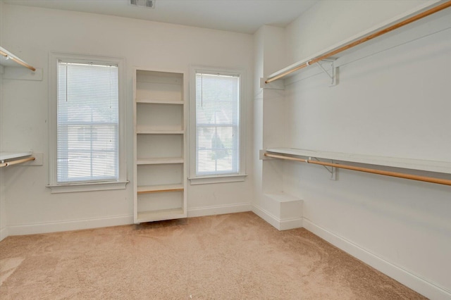 spacious closet featuring light colored carpet