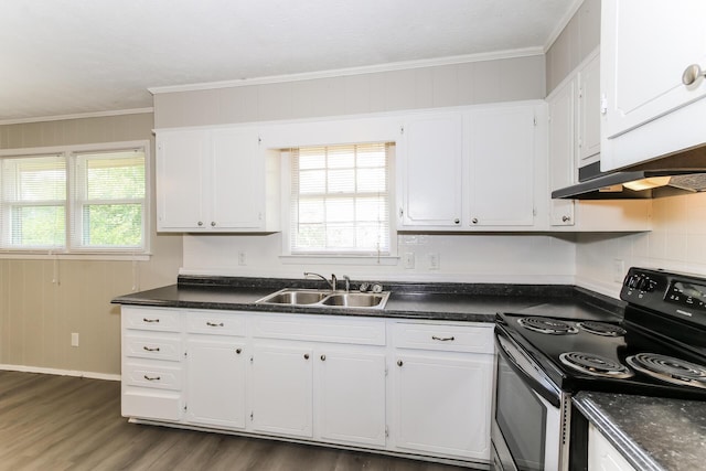 kitchen with white cabinetry, sink, dark wood-type flooring, black electric range, and crown molding