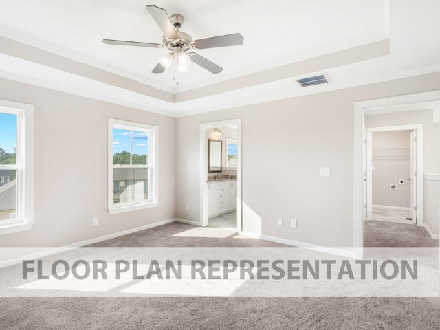 unfurnished bedroom with crown molding, light colored carpet, and a raised ceiling