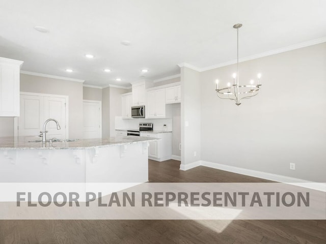 kitchen with sink, white cabinets, hanging light fixtures, stainless steel appliances, and light stone countertops