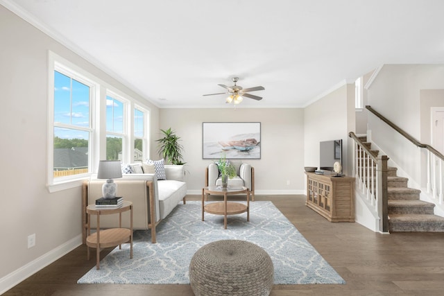 living room with ceiling fan, ornamental molding, and dark hardwood / wood-style floors